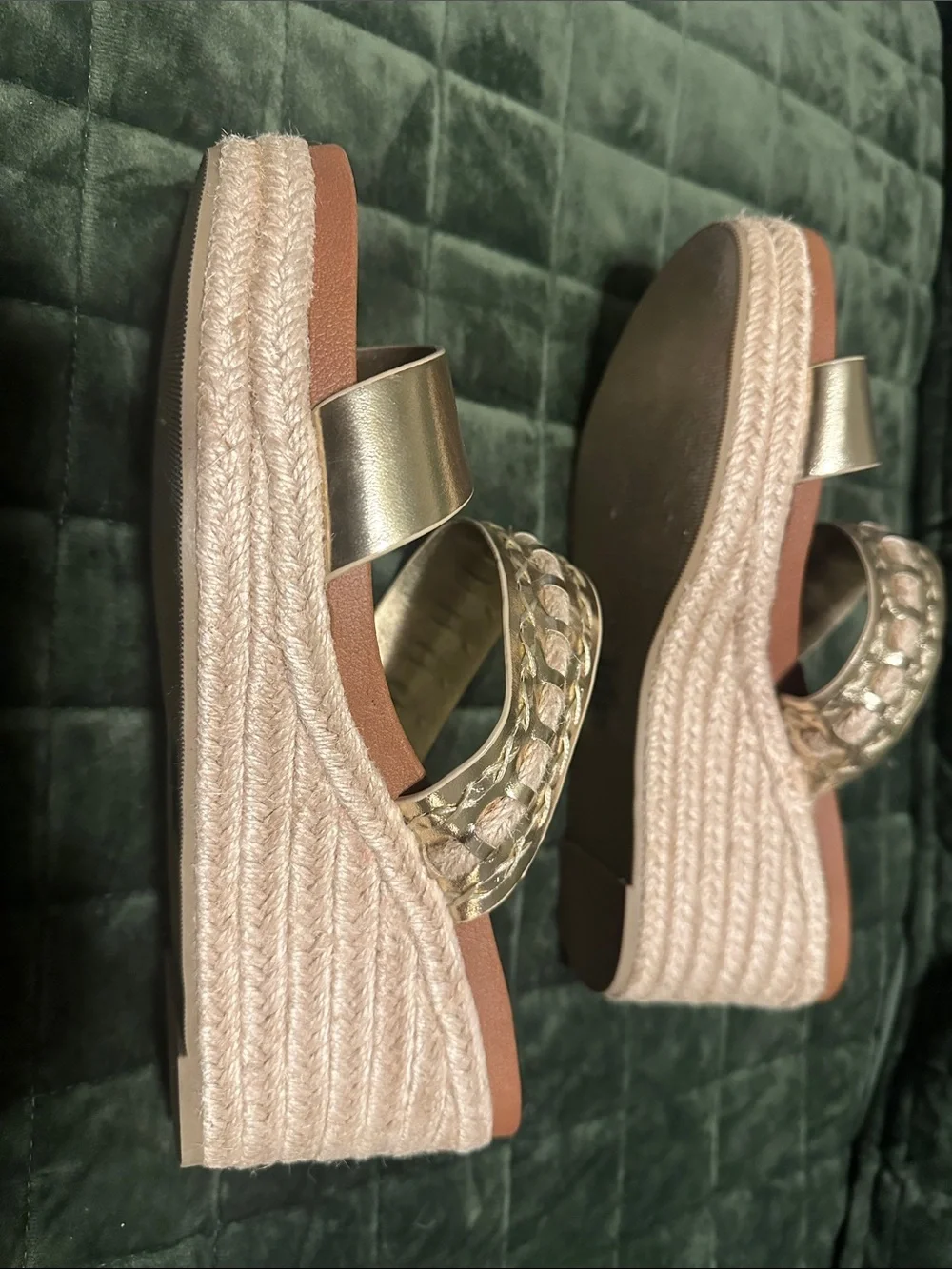 Soda Metallic Gold Braided Double-Strap Wedge Slides